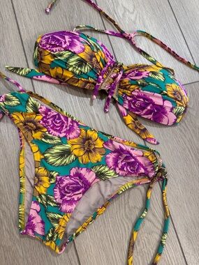 Lua Morena Floral Swimsuit Sz G Bandeau Top Bikini Sz M